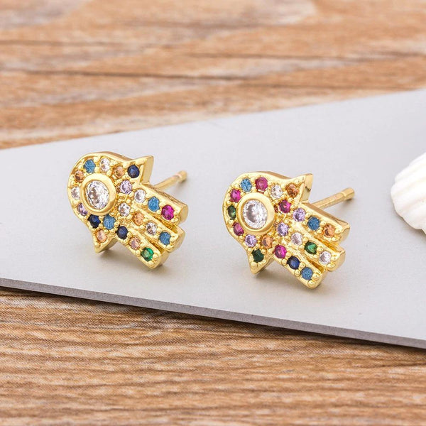 Bunte Ohrstecker mit Hamsa-Hand und Zirkonia