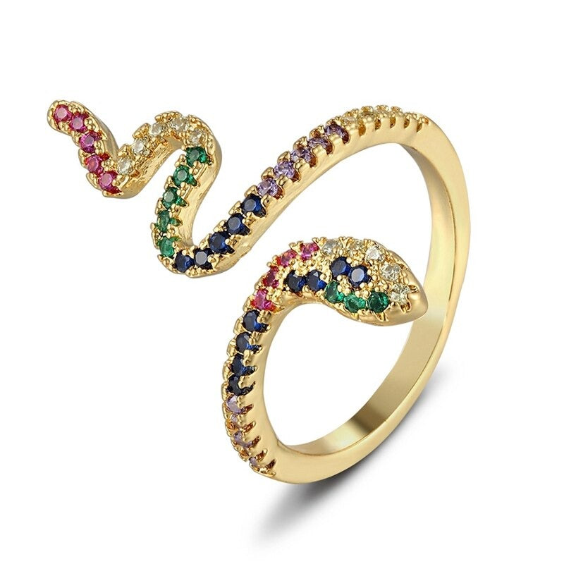 Bunte, mit Zirkonen besetzte, verstellbare Ringe in Schlangenform