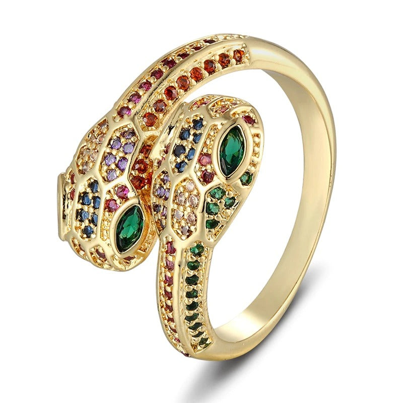 Bunte, mit Zirkonen besetzte, verstellbare Ringe in Schlangenform