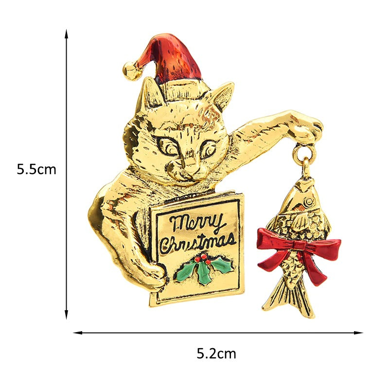 Entzückende Weihnachtskatze mit Fisch und Büchern, Broschennadeln