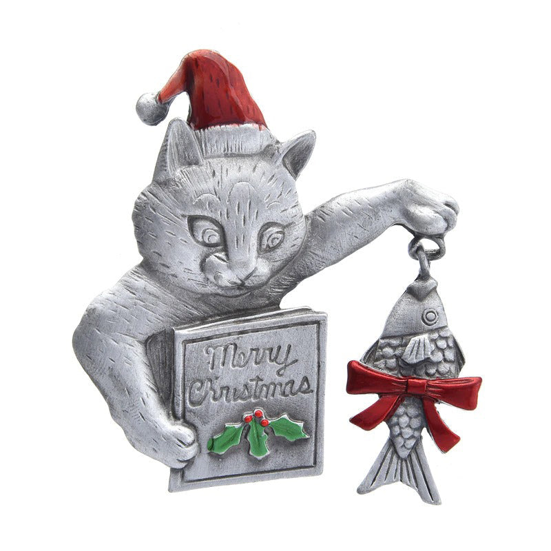 Entzückende Weihnachtskatze mit Fisch und Büchern, Broschennadeln