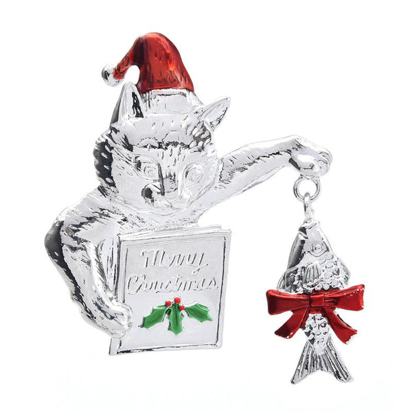 Entzückende Weihnachtskatze mit Fisch und Büchern, Broschennadeln