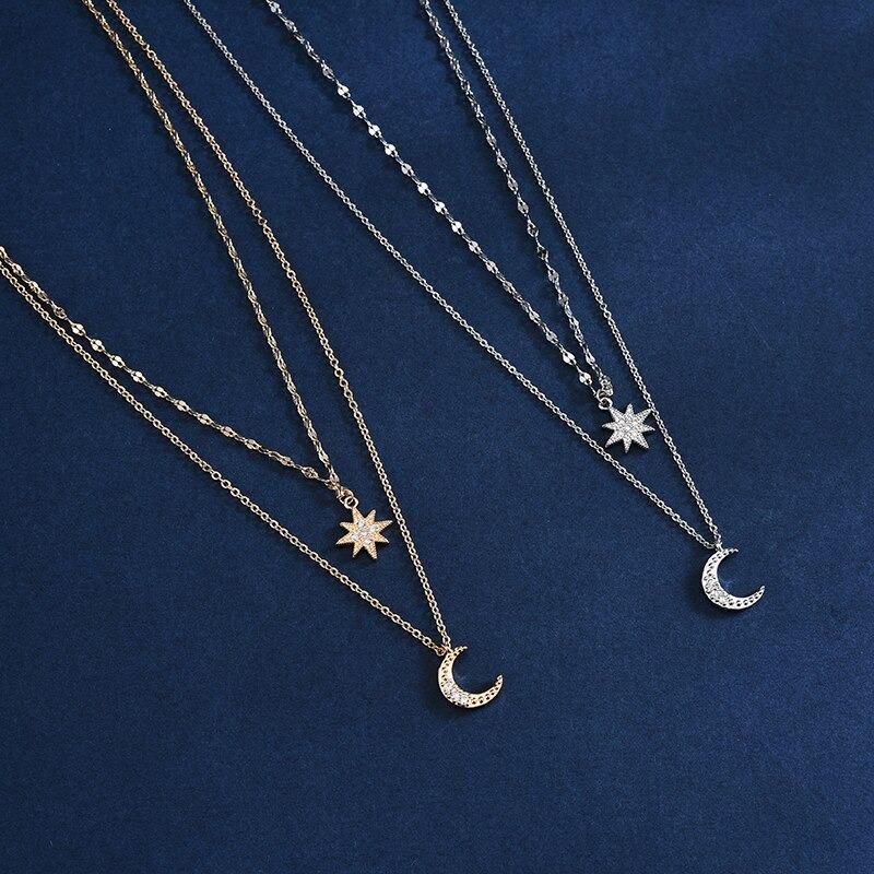 Doppelte Kette mit Mond- und Stern-Zirkon-Anhänger