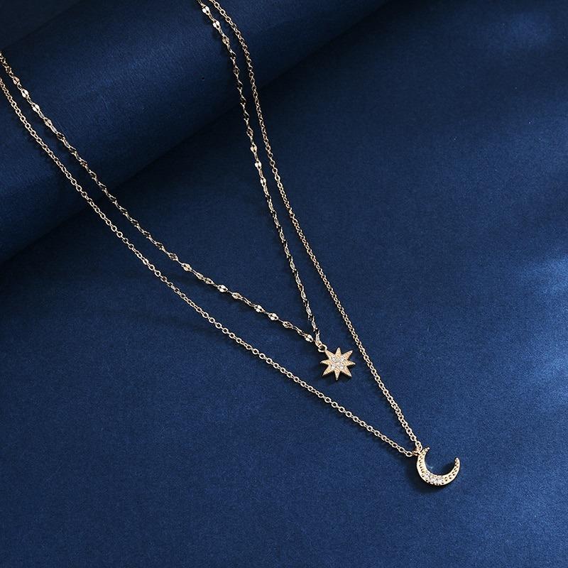 Doppelte Kette mit Mond- und Stern-Zirkon-Anhänger