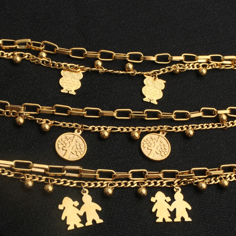 Doppellagige Edelstahlkette mit Eulen-Charm-Armbändern