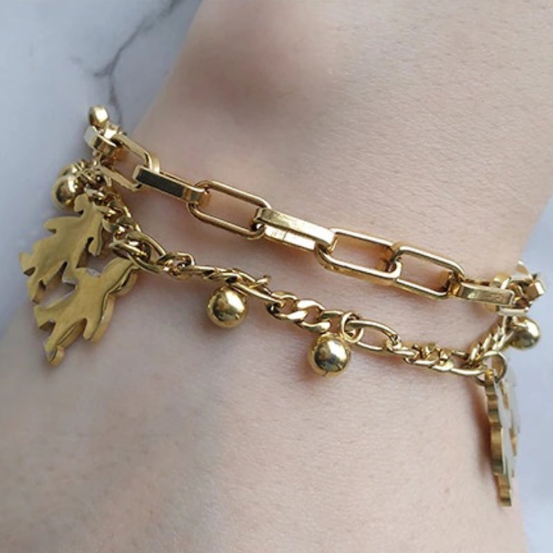 Doppellagige Edelstahlkette mit Eulen-Charm-Armbändern