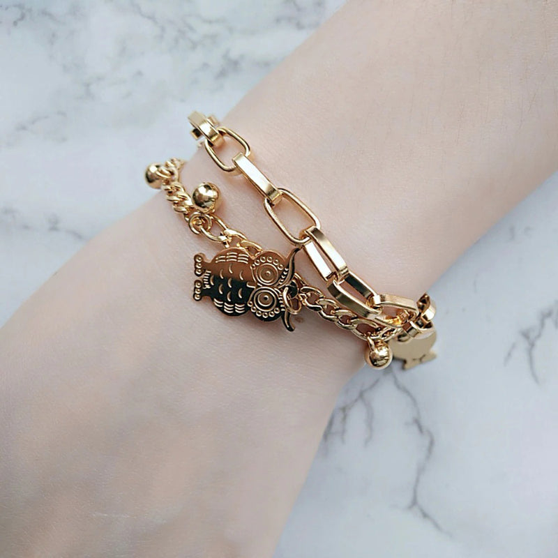 Doppellagige Edelstahlkette mit Eulen-Charm-Armbändern