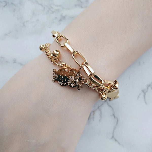 Doppellagige Edelstahlkette mit Eulen-Charm-Armbändern