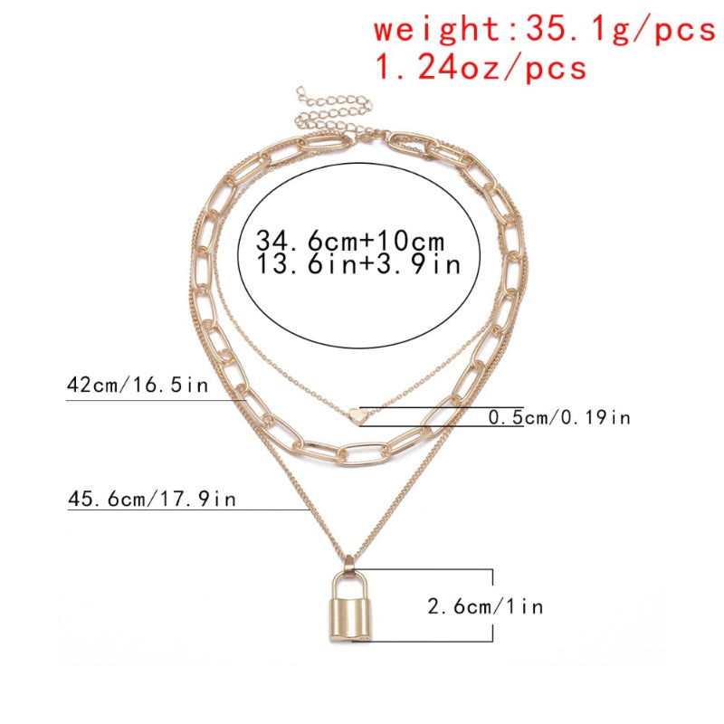 Edgy mehrreihige Ketten mit Herz- und Vorhängeschloss-Anhänger