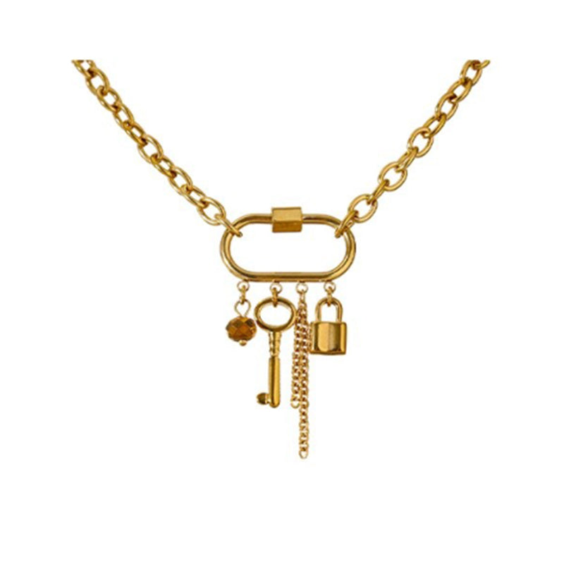 Edgy Halskette mit Schlüssel-, Quasten- und Schlossanhänger aus Strass