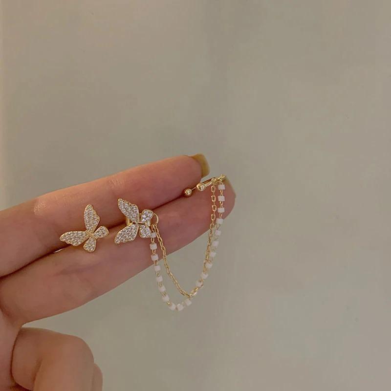 Elegante asymmetrische Schmetterlingsohrringe im koreanischen Stil