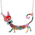 Elegante, lange Emaille-Statement-Halskette mit Katzenmotiv