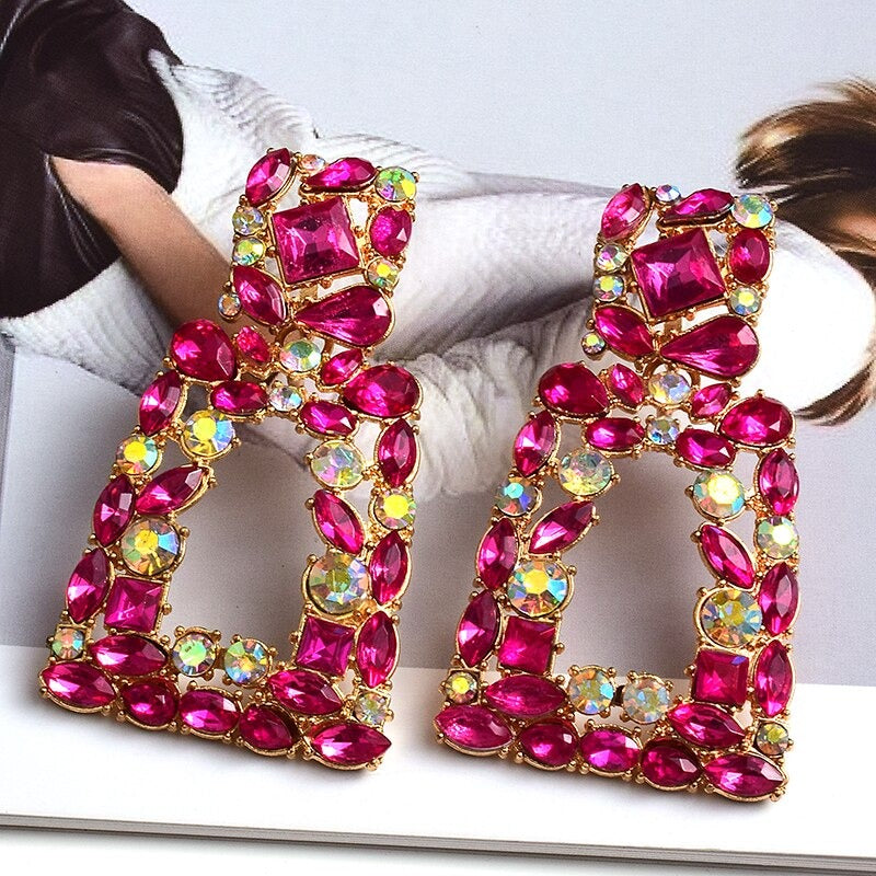 Extravagante und farbenfrohe geometrische Strass-Statement-Ohrringe