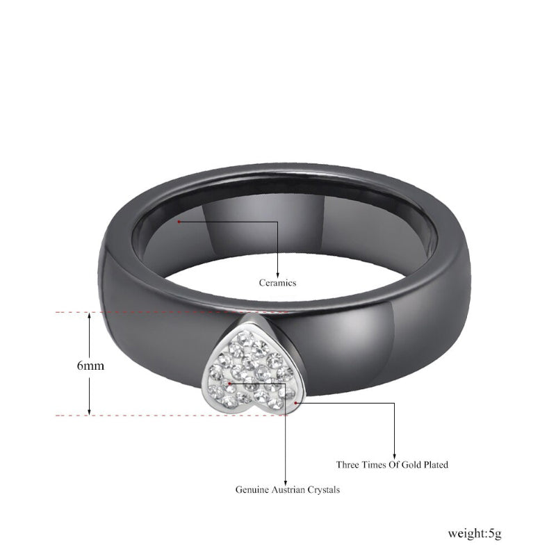 Ausgefallene schwarze Keramikringe mit Kristallherz-Akzent