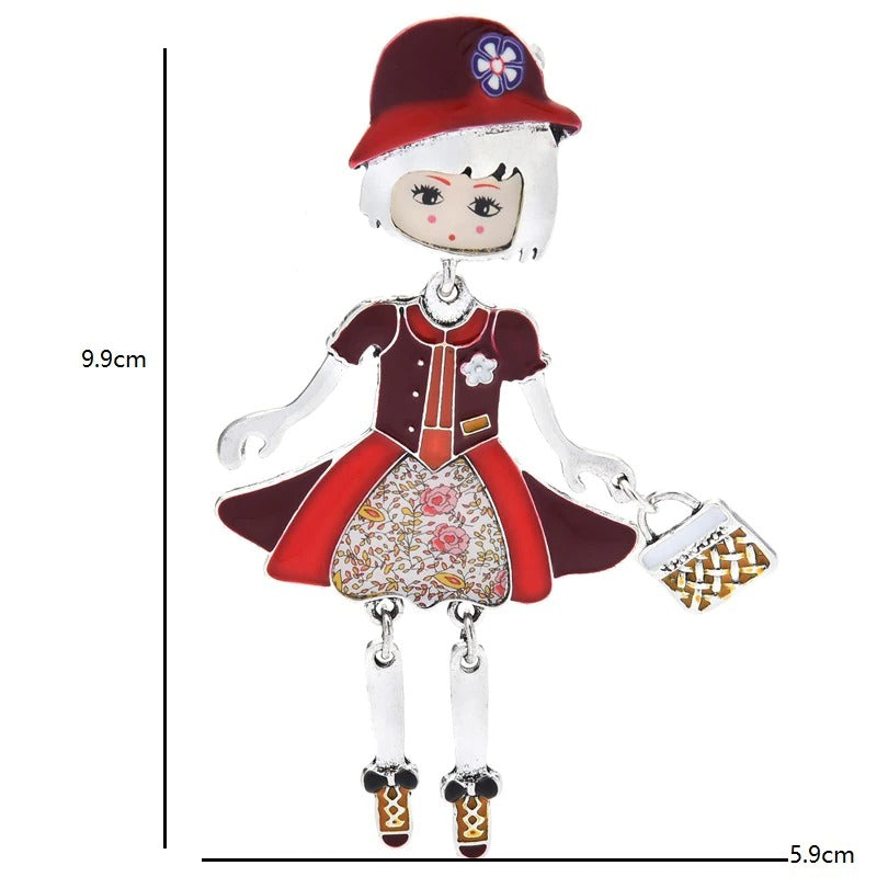 Fashionista Mädchen trägt Blumenhut Emaille Puppe Broschen