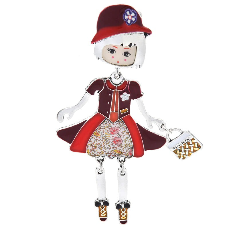 Fashionista Mädchen trägt Blumenhut Emaille Puppe Broschen