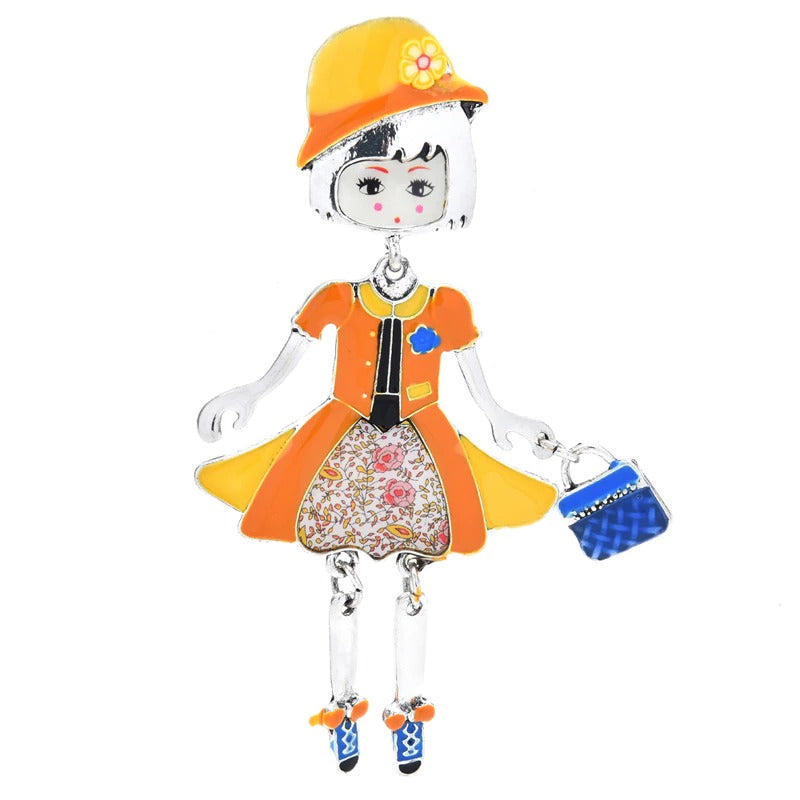 Fashionista Mädchen trägt Blumenhut Emaille Puppe Broschen