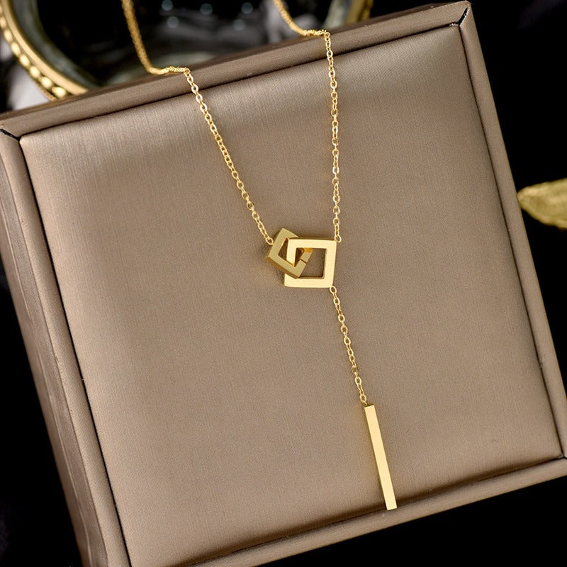 Halsketten im geometrischen Stil mit Y-förmiger doppelter quadratischer Schnalle und Quastenanhänger