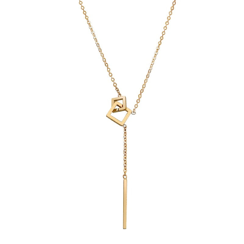 Halsketten im geometrischen Stil mit Y-förmiger doppelter quadratischer Schnalle und Quastenanhänger