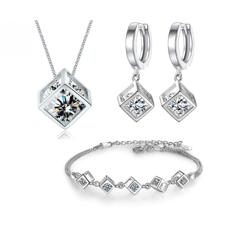 Glänzendes Sterling Silber Zirkonia Würfel Modeschmuck Set