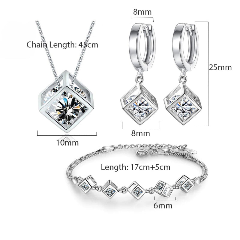 Glänzendes Sterling Silber Zirkonia Würfel Modeschmuck Set