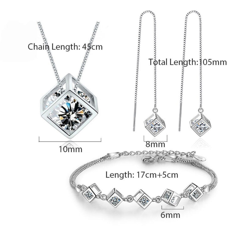 Glänzendes Sterling Silber Zirkonia Würfel Modeschmuck Set