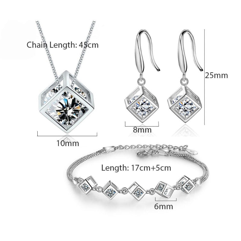 Glänzendes Sterling Silber Zirkonia Würfel Modeschmuck Set
