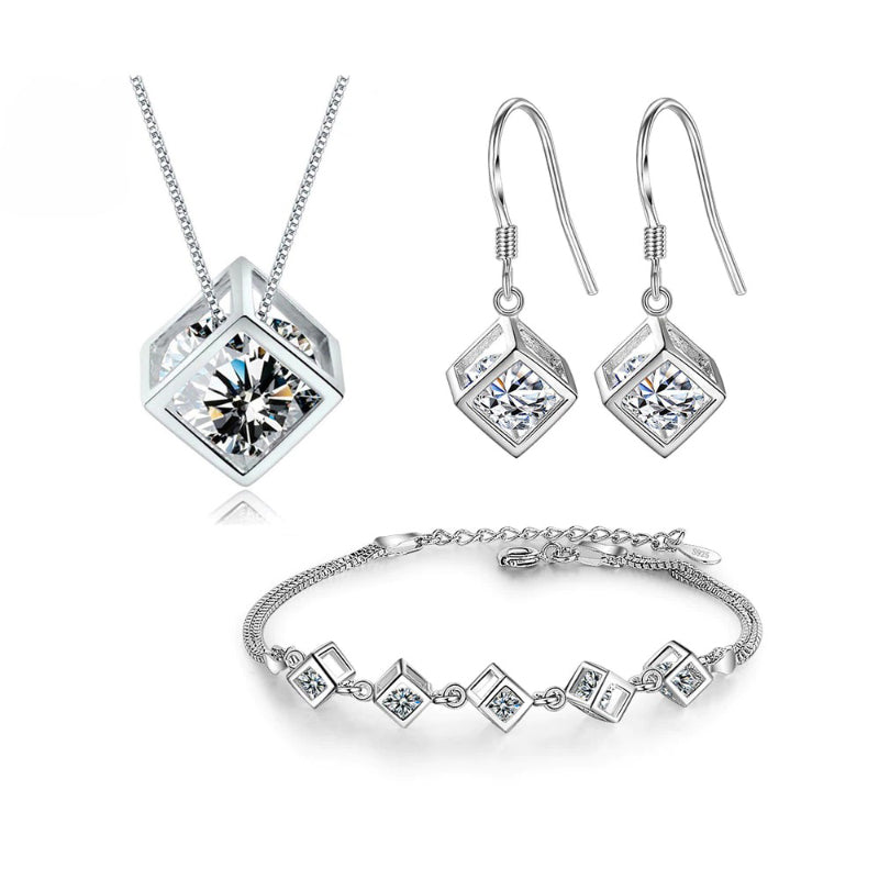 Glänzendes Sterling Silber Zirkonia Würfel Modeschmuck Set