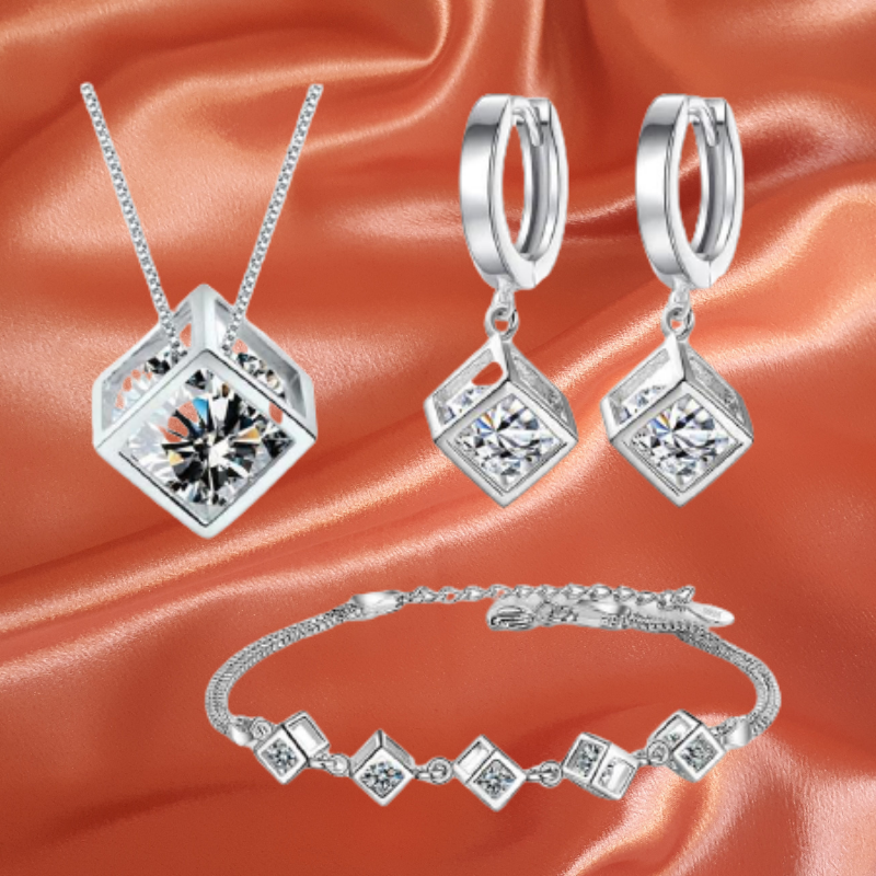 Glänzendes Sterling Silber Zirkonia Würfel Modeschmuck Set