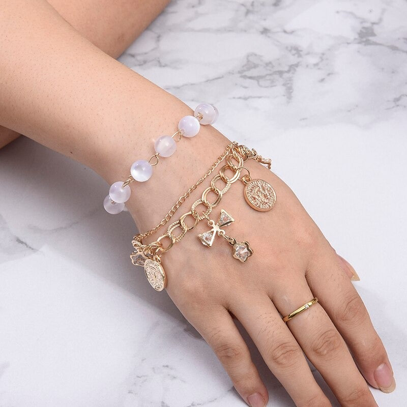 Hochmodisches mehrschichtiges Armband mit Strasssteinen, Perlen, Kette und Schloss