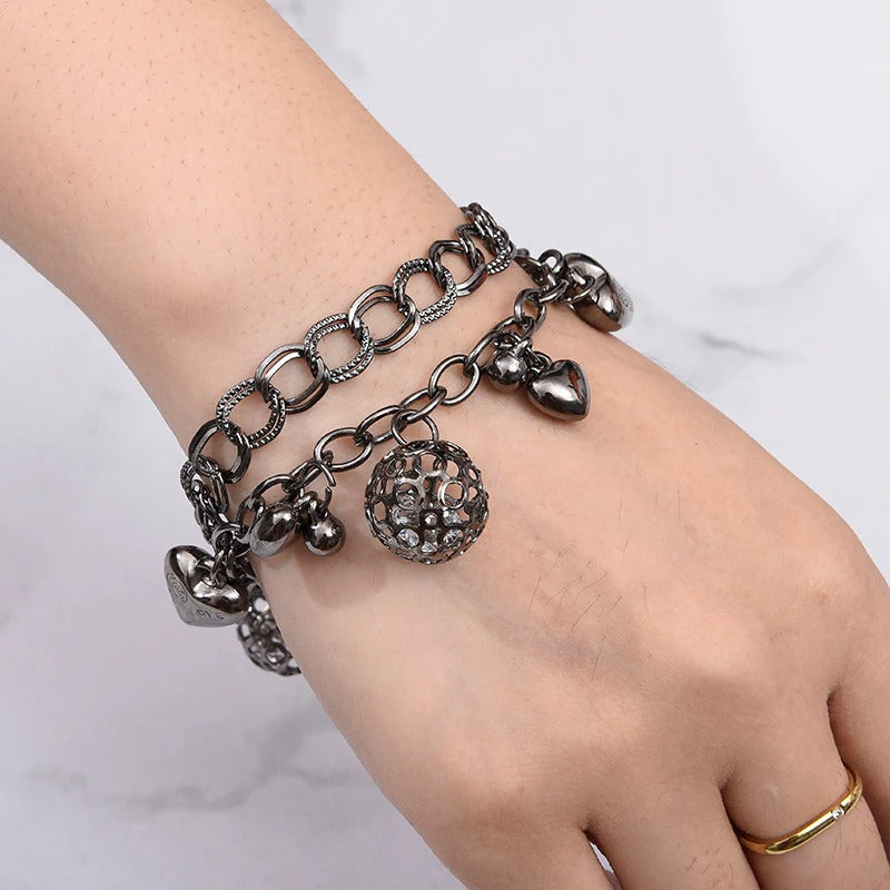 Hochmodisches mehrschichtiges Armband mit Strasssteinen, Perlen, Kette und Schloss