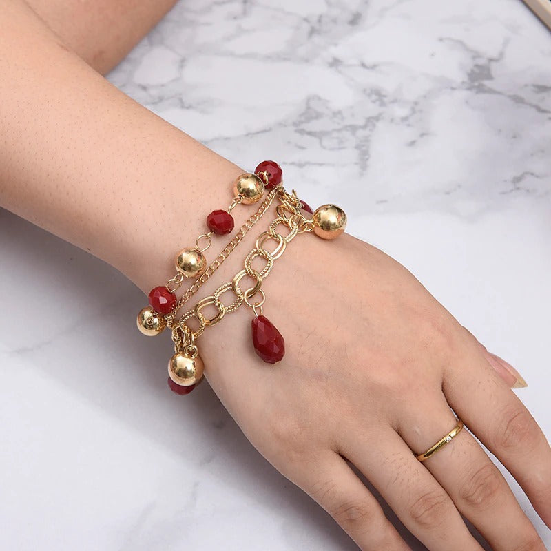 Hochmodisches mehrschichtiges Armband mit Strasssteinen, Perlen, Kette und Schloss