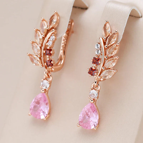 Blattohrringe aus Roségold - Rosa Tropfen & Kristall-Edelstein-Ohrhänger