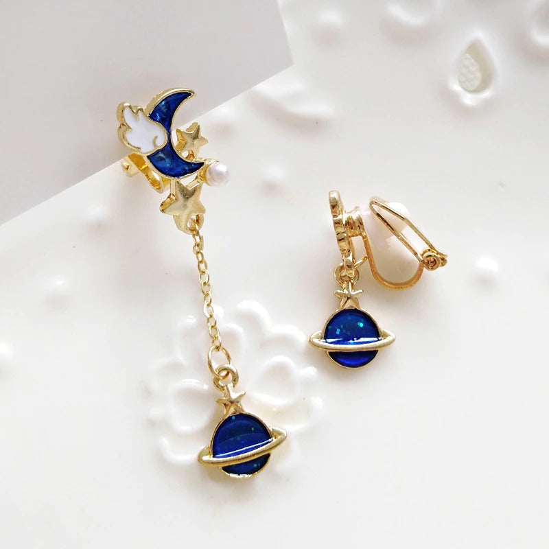 Asymmetrische Ohrclips mit koreanischen Modesternen, Monden und Planeten