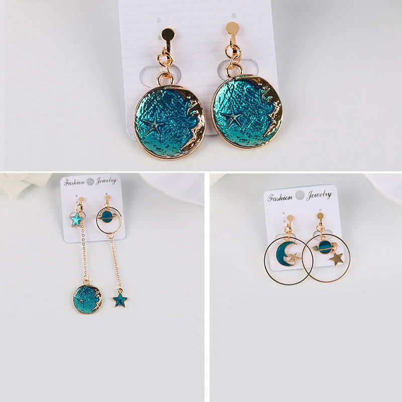 Asymmetrische Ohrclips mit koreanischen Modesternen, Monden und Planeten