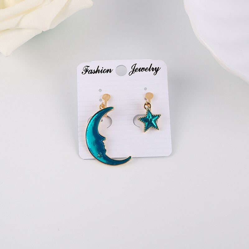 Asymmetrische Ohrclips mit koreanischen Modesternen, Monden und Planeten