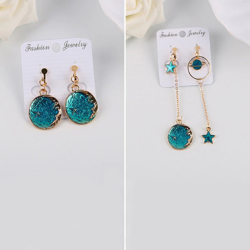 Asymmetrische Ohrclips mit koreanischen Modesternen, Monden und Planeten