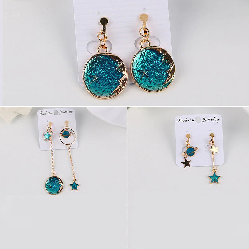 Asymmetrische Ohrclips mit koreanischen Modesternen, Monden und Planeten