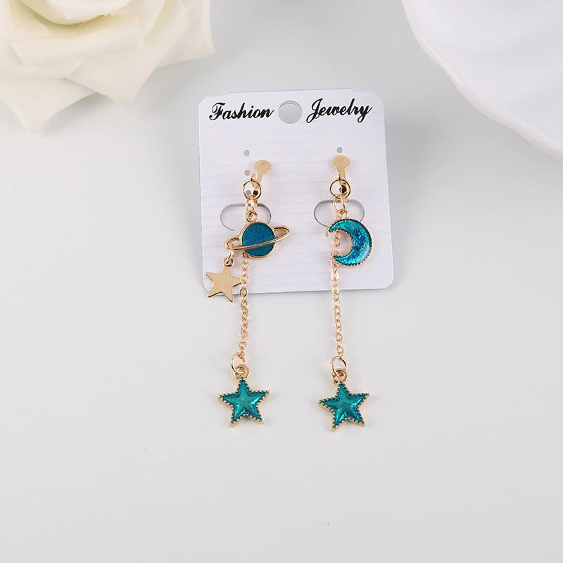 Asymmetrische Ohrclips mit koreanischen Modesternen, Monden und Planeten