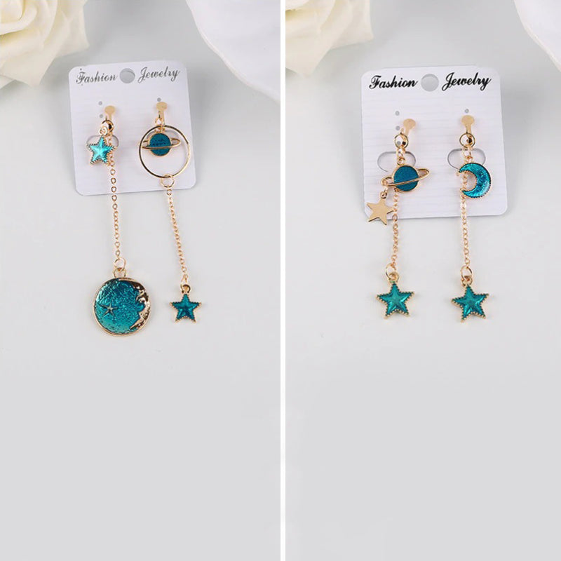 Asymmetrische Ohrclips mit koreanischen Modesternen, Monden und Planeten