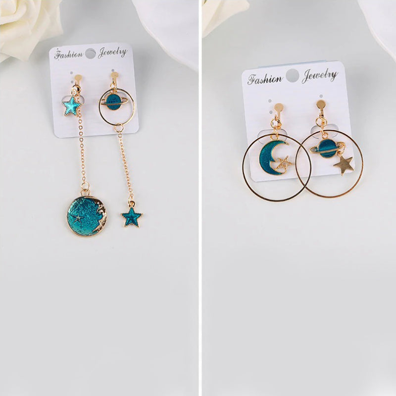 Asymmetrische Ohrclips mit koreanischen Modesternen, Monden und Planeten
