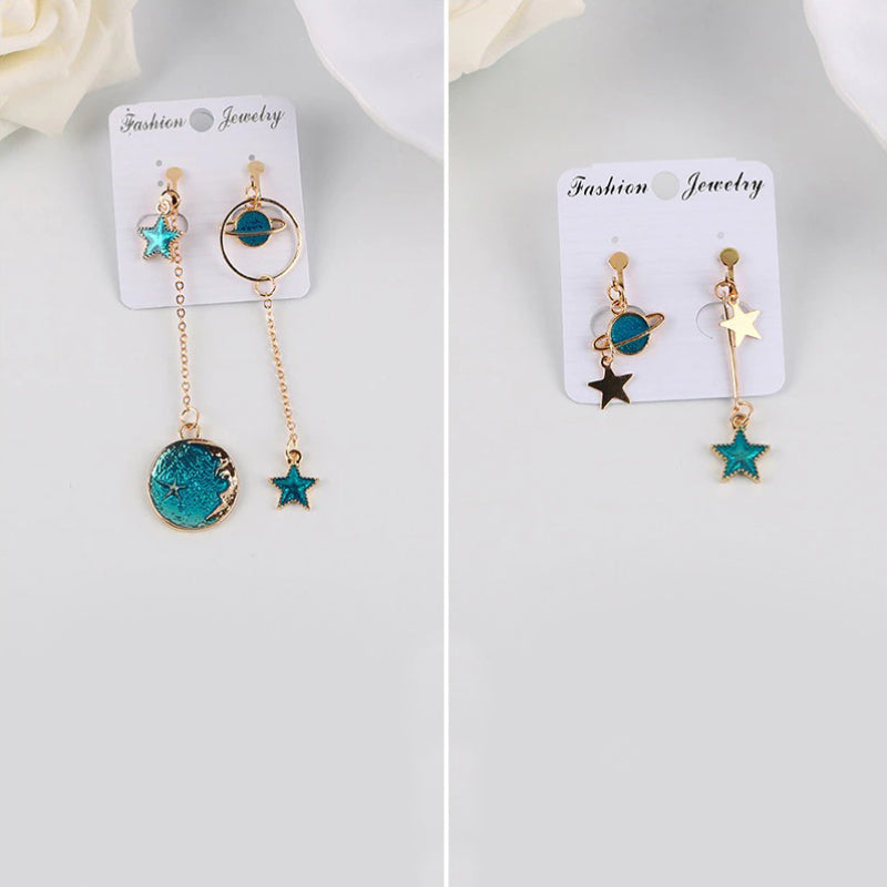 Asymmetrische Ohrclips mit koreanischen Modesternen, Monden und Planeten