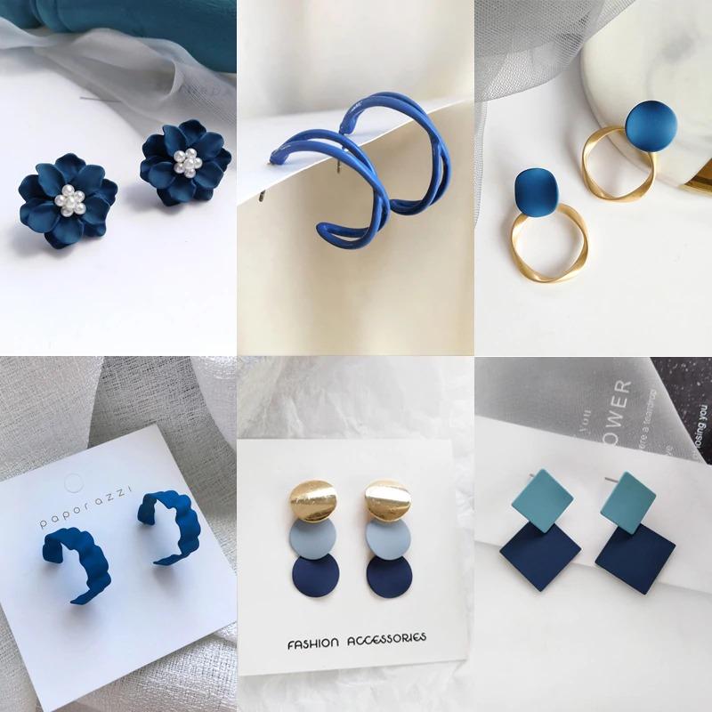 Kollektion geometrischer blauer Statement-Ohrringe im koreanischen Stil