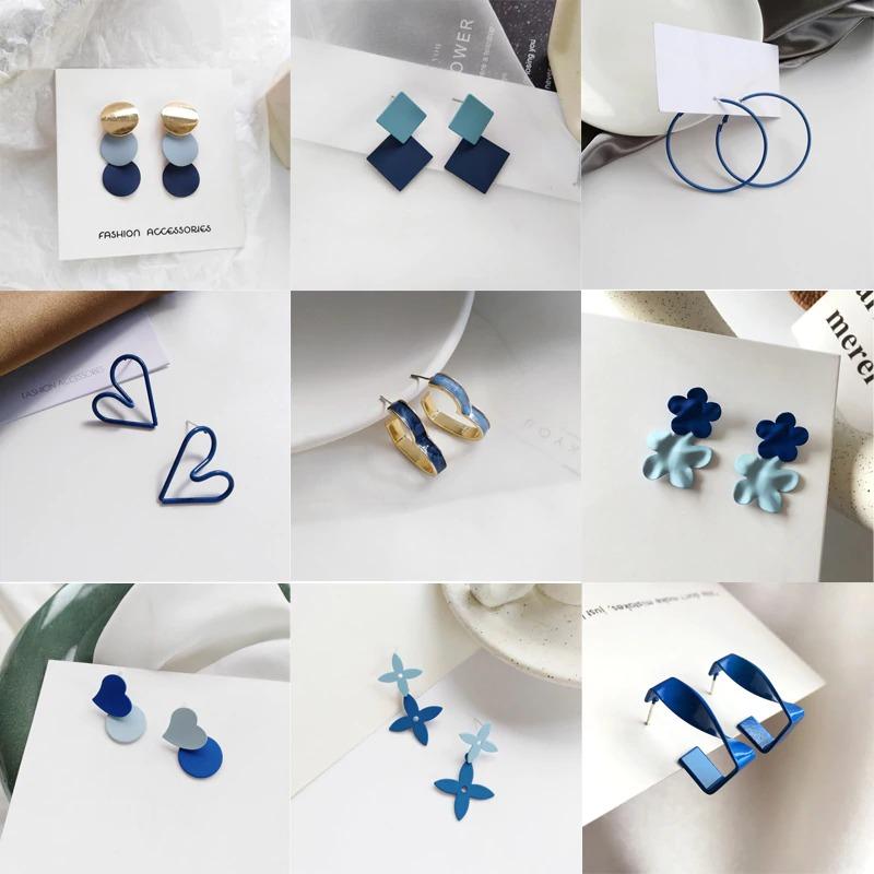 Kollektion geometrischer blauer Statement-Ohrringe im koreanischen Stil