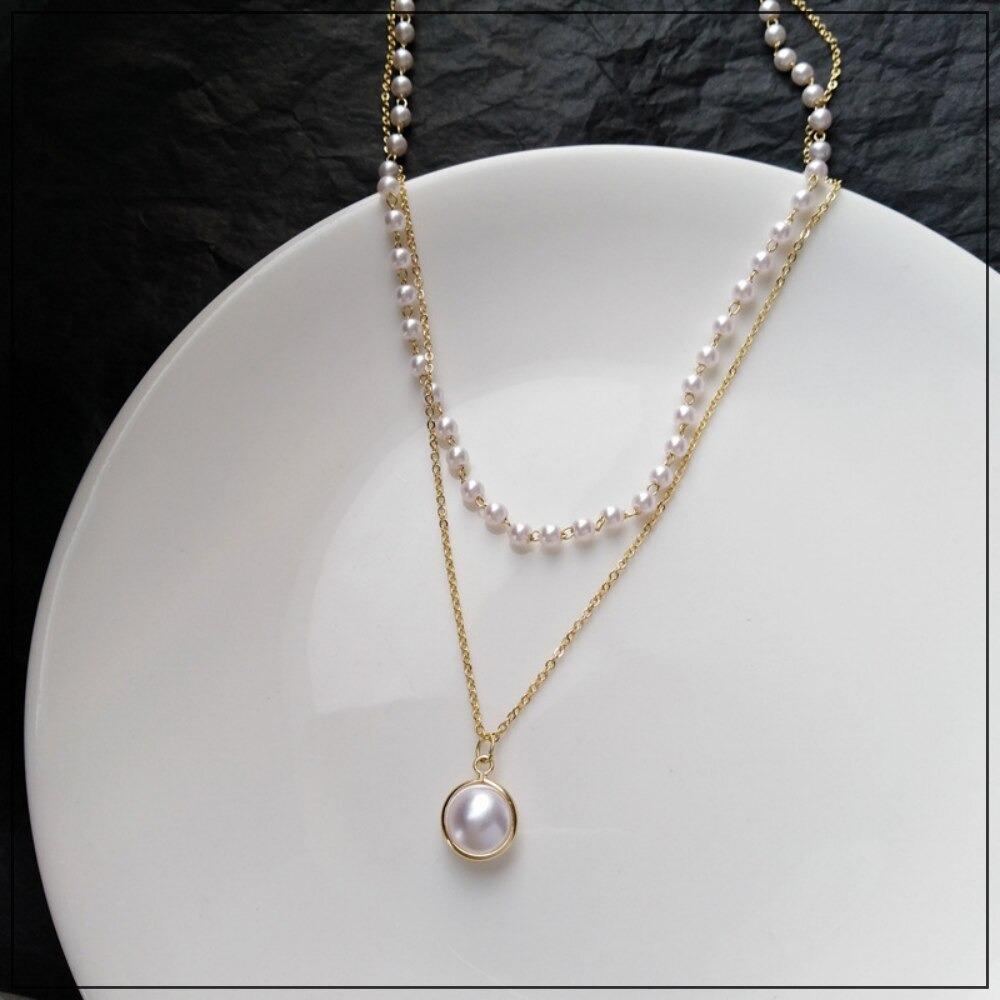 Koreanische zweilagige Halskette mit Kette und Perlen