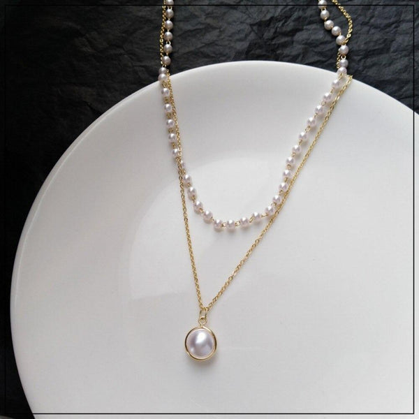 Koreanische zweilagige Halskette mit Kette und Perlen
