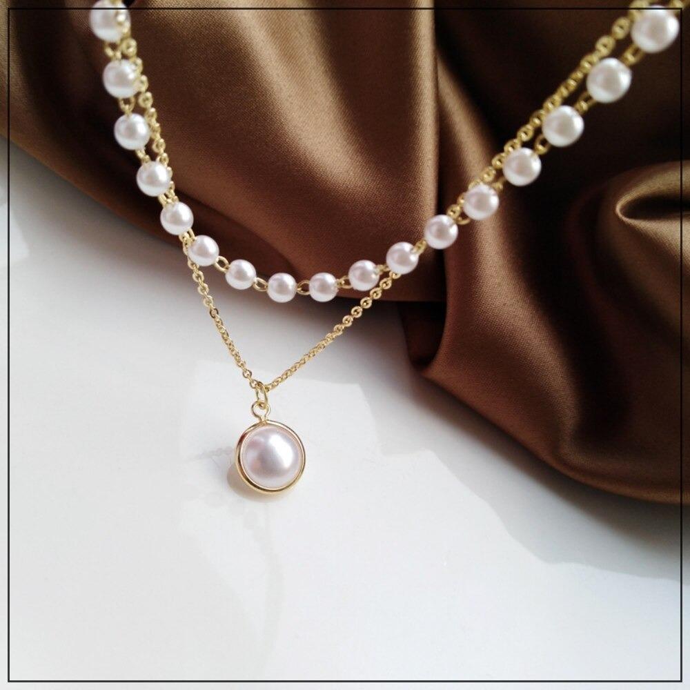 Koreanische zweilagige Halskette mit Kette und Perlen