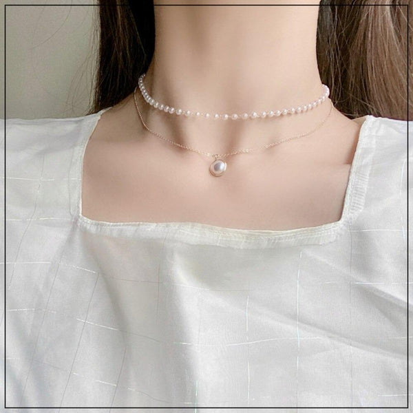 Koreanische zweilagige Halskette mit Kette und Perlen
