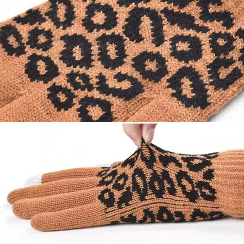 Gestrickte, warme Touchscreen-Winterhandschuhe mit Leopardenmuster