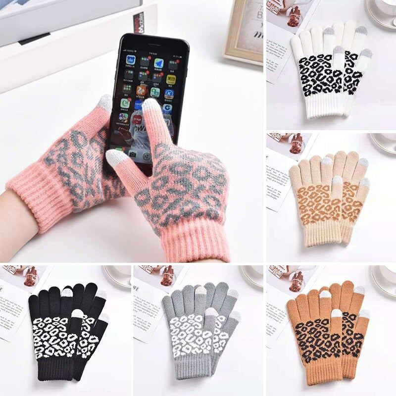 Gestrickte, warme Touchscreen-Winterhandschuhe mit Leopardenmuster